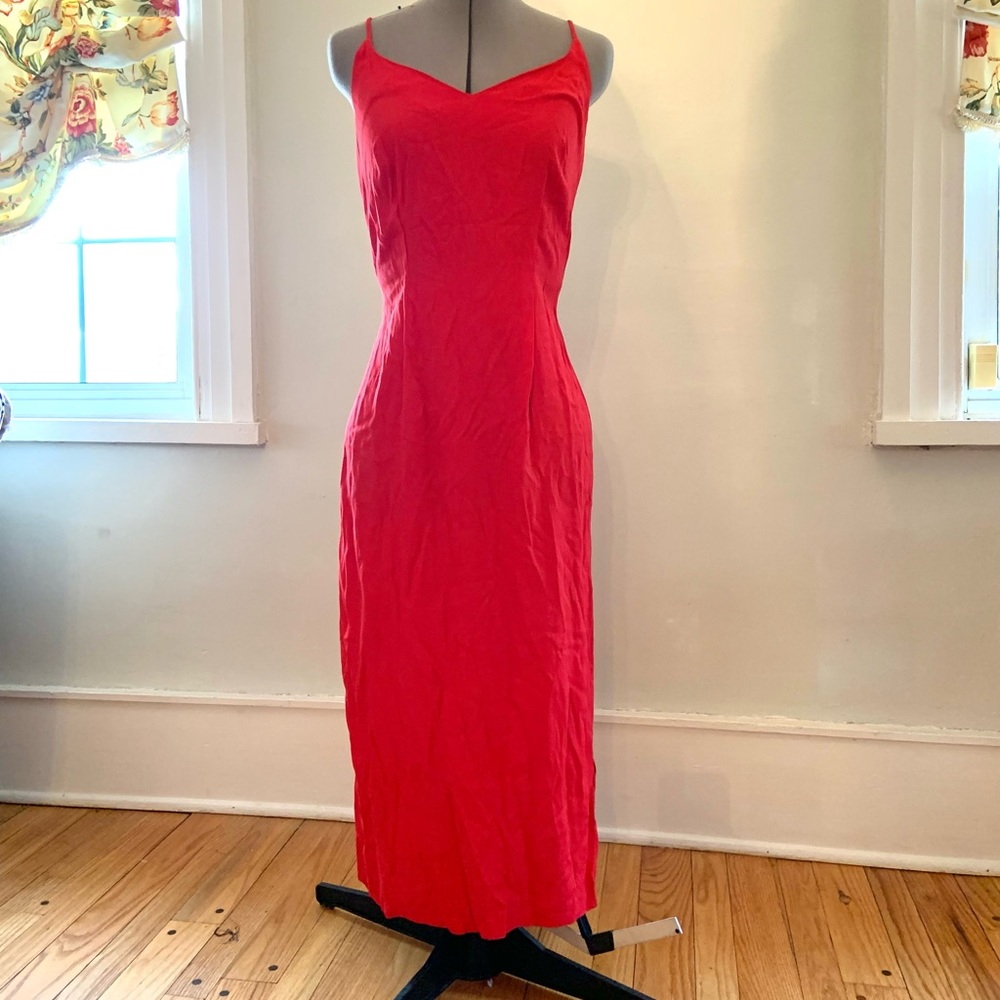 CW Dress long red spaghetti strap sun dress with side slit.